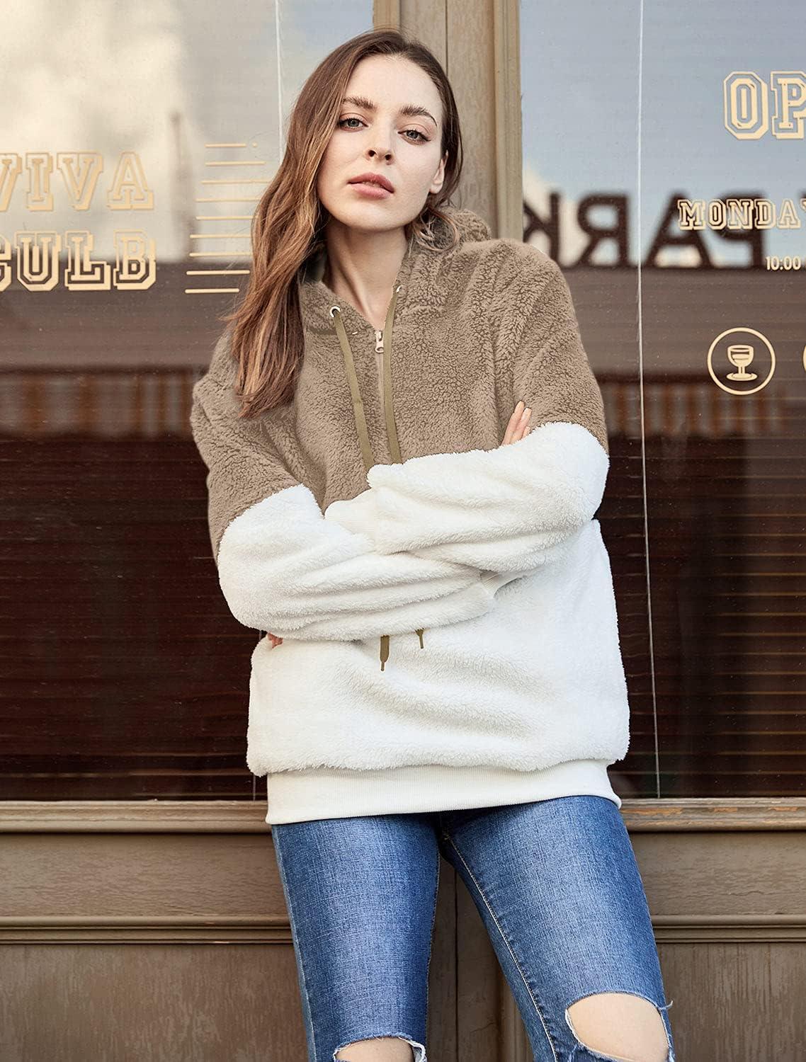 imageLONGYUAN Women Casual Hoodies Fashion Fuzzy Warm Pullover Sherpa Outerwear with Pockets01khaki Whitezs