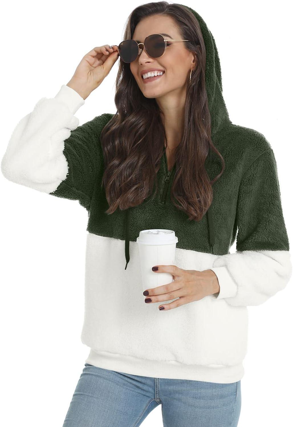 imageLONGYUAN Women Casual Hoodies Fashion Fuzzy Warm Pullover Sherpa Outerwear with PocketsArmy Green White