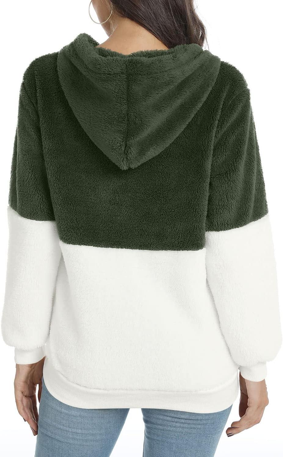 imageLONGYUAN Women Casual Hoodies Fashion Fuzzy Warm Pullover Sherpa Outerwear with PocketsArmy Green White