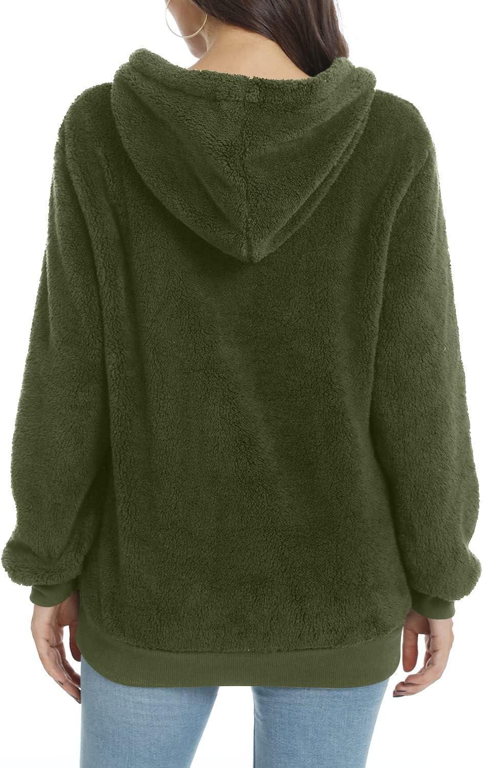imageLONGYUAN Women Casual Hoodies Fashion Fuzzy Warm Pullover Sherpa Outerwear with PocketsArmy Green2