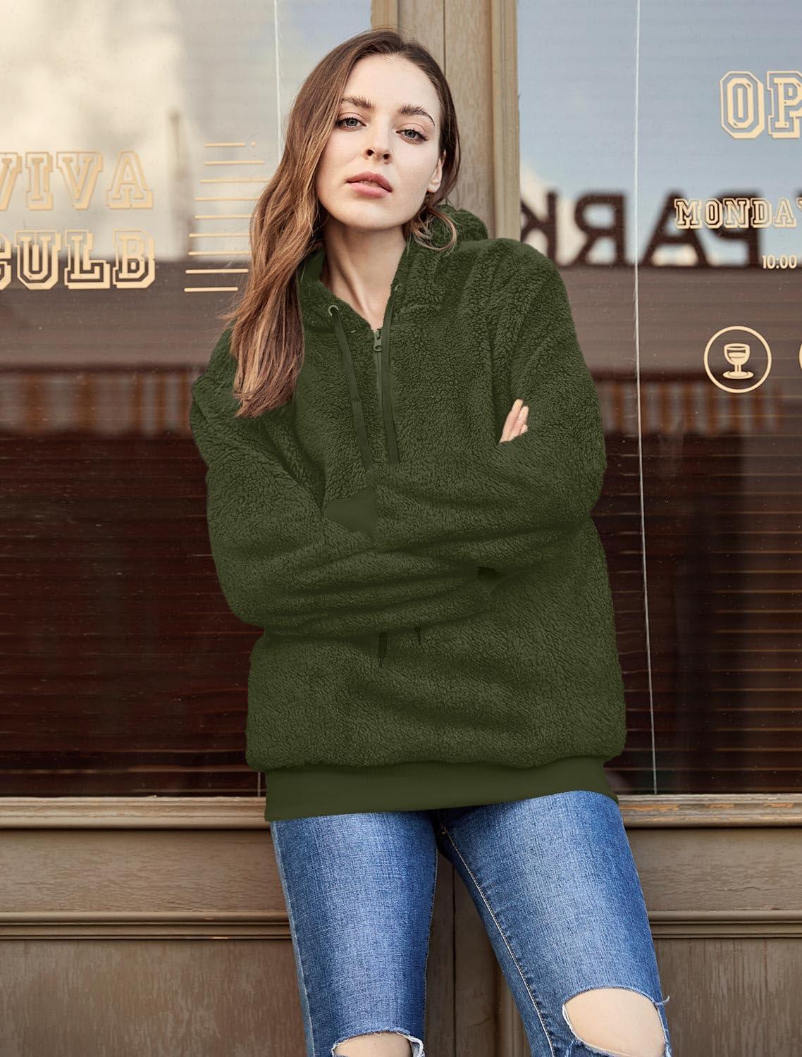 imageLONGYUAN Women Casual Hoodies Fashion Fuzzy Warm Pullover Sherpa Outerwear with PocketsArmy Green2