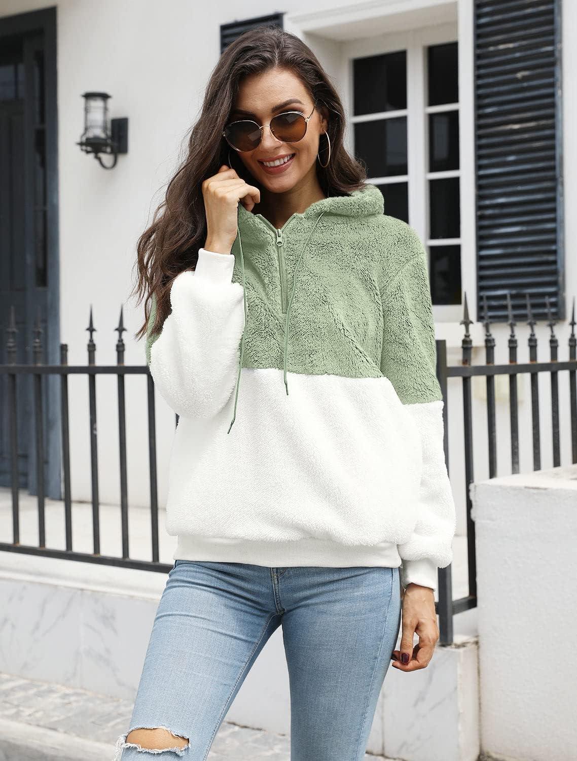 imageLONGYUAN Women Casual Hoodies Fashion Fuzzy Warm Pullover Sherpa Outerwear with PocketsAvocado White