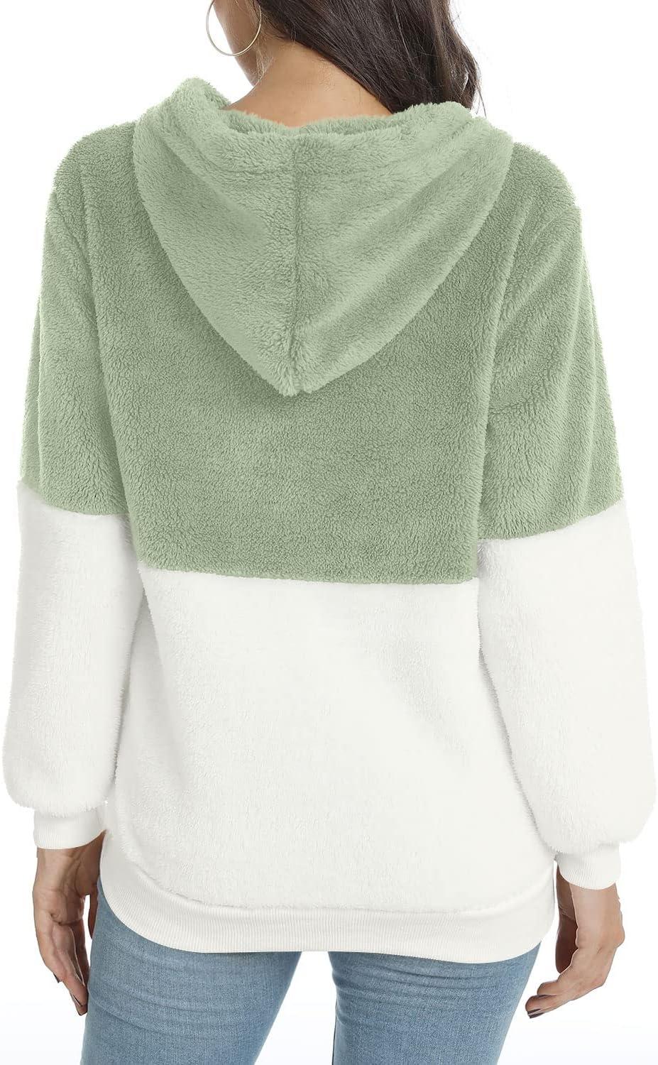 imageLONGYUAN Women Casual Hoodies Fashion Fuzzy Warm Pullover Sherpa Outerwear with PocketsAvocado White
