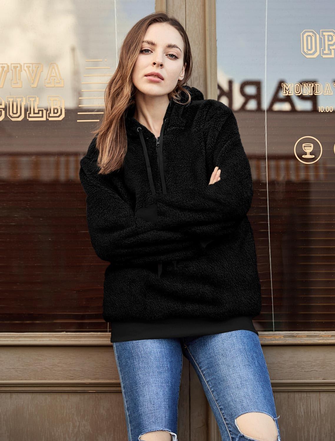imageLONGYUAN Women Casual Hoodies Fashion Fuzzy Warm Pullover Sherpa Outerwear with PocketsBlack