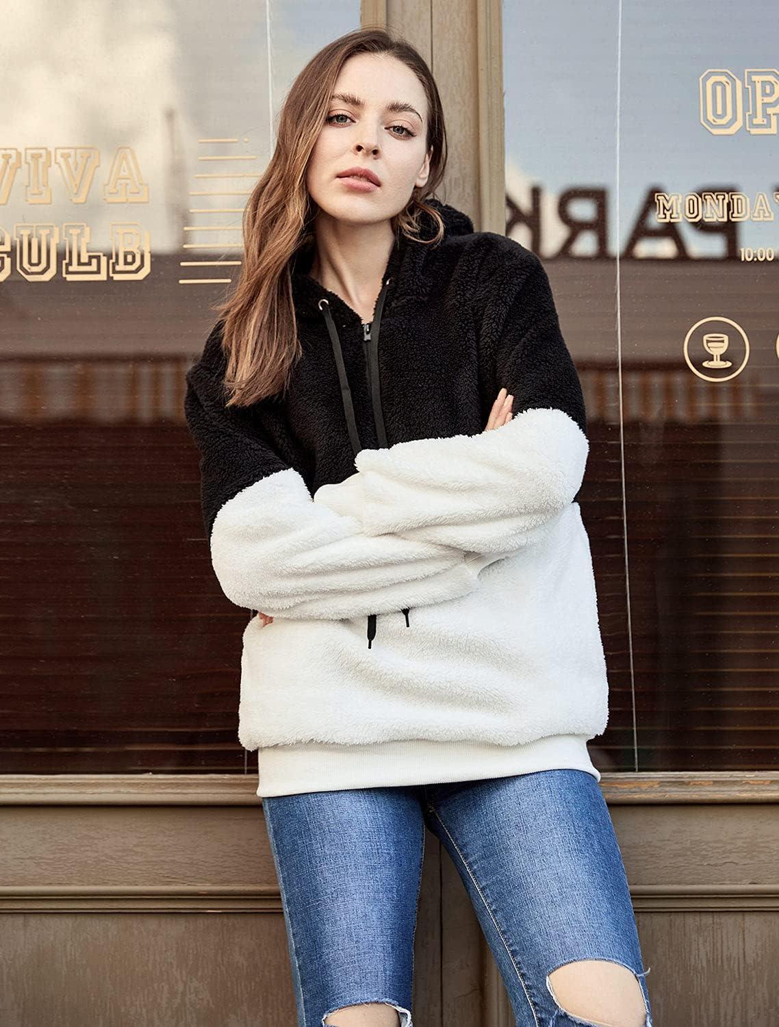imageLONGYUAN Women Casual Hoodies Fashion Fuzzy Warm Pullover Sherpa Outerwear with PocketsBlack White