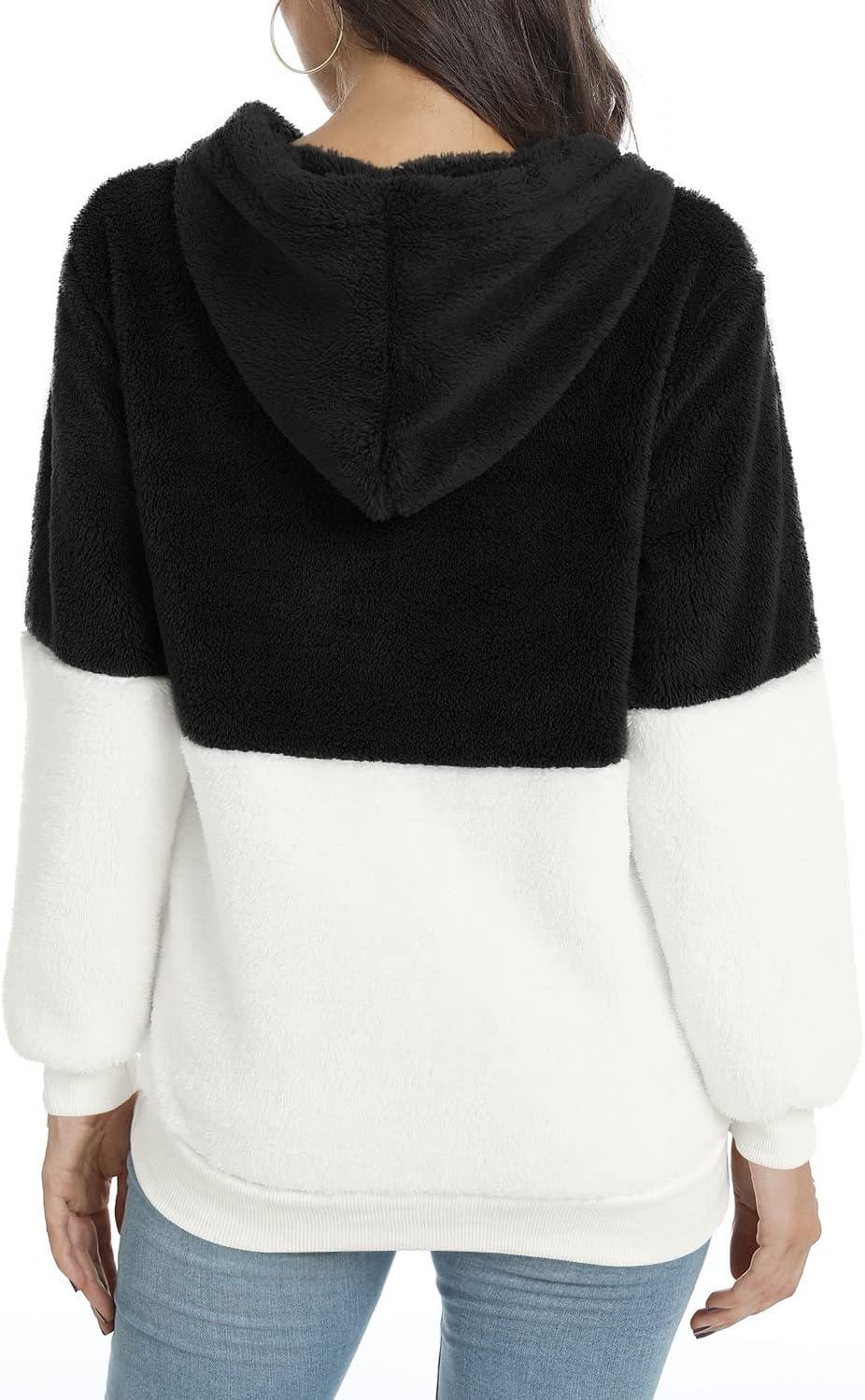 imageLONGYUAN Women Casual Hoodies Fashion Fuzzy Warm Pullover Sherpa Outerwear with PocketsBlack White