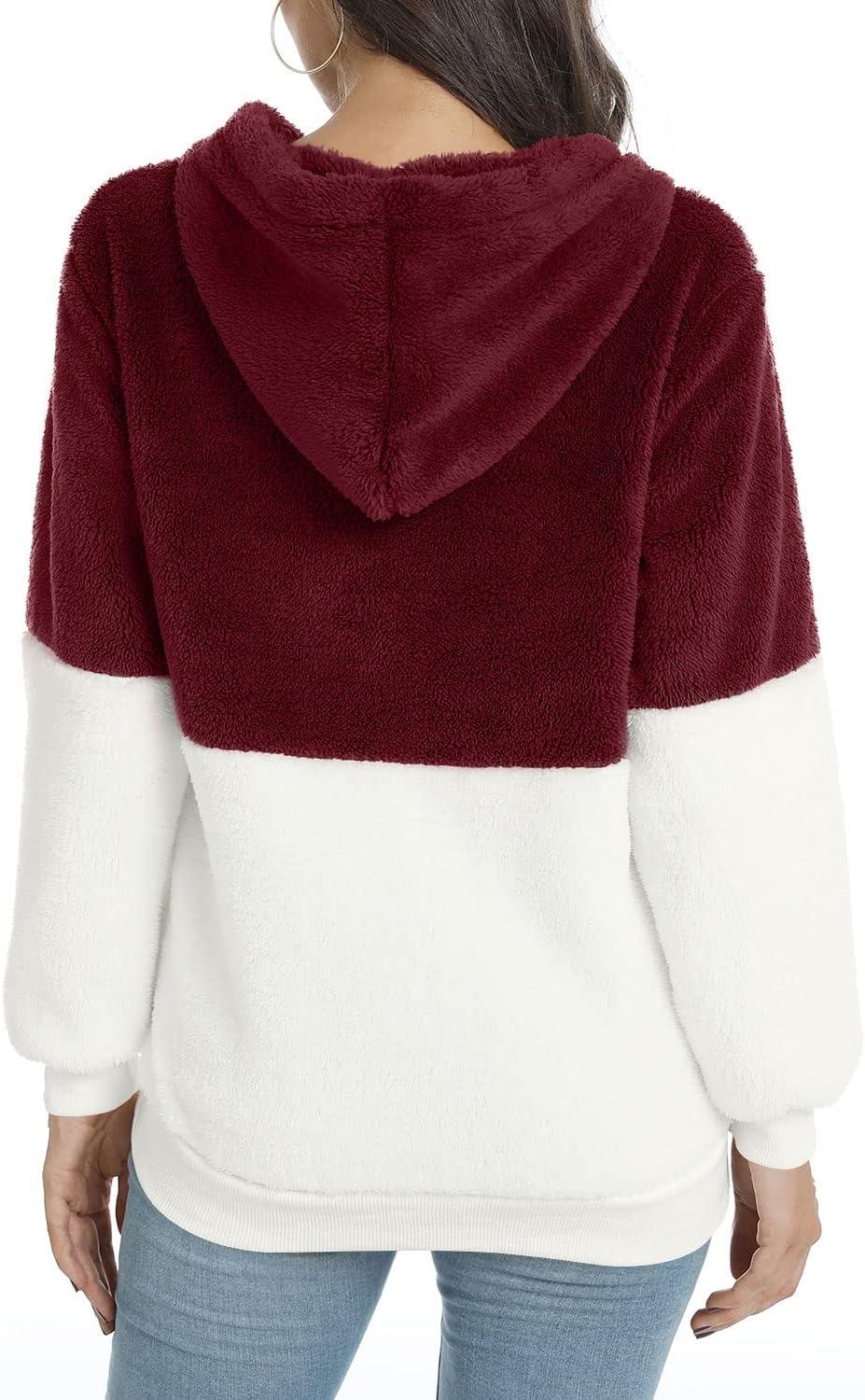 imageLONGYUAN Women Casual Hoodies Fashion Fuzzy Warm Pullover Sherpa Outerwear with PocketsBurgundy White