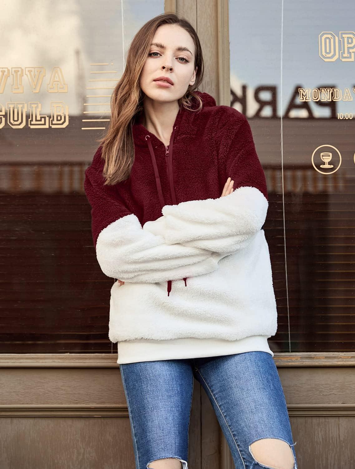 imageLONGYUAN Women Casual Hoodies Fashion Fuzzy Warm Pullover Sherpa Outerwear with PocketsBurgundy White