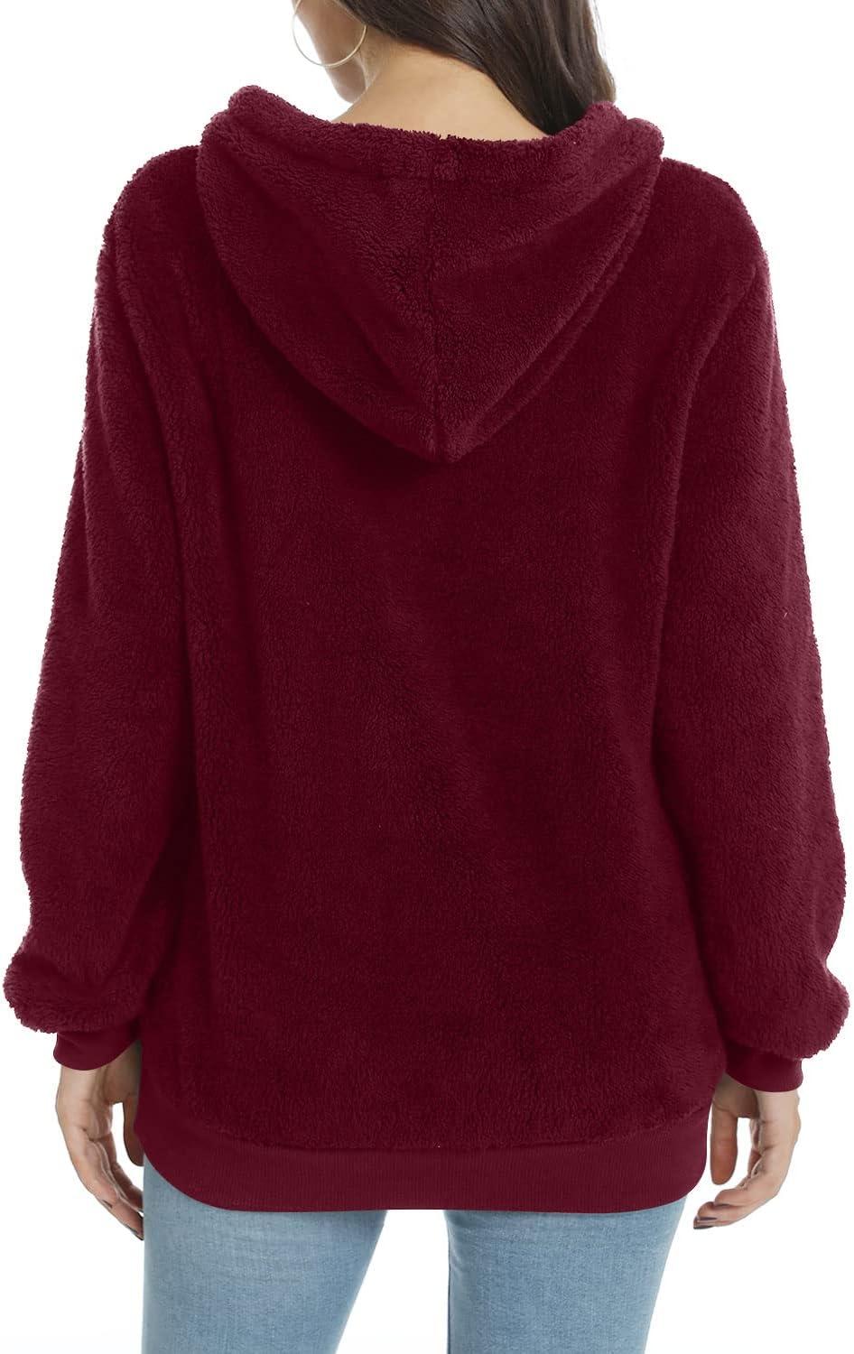 imageLONGYUAN Women Casual Hoodies Fashion Fuzzy Warm Pullover Sherpa Outerwear with PocketsBurgundy2