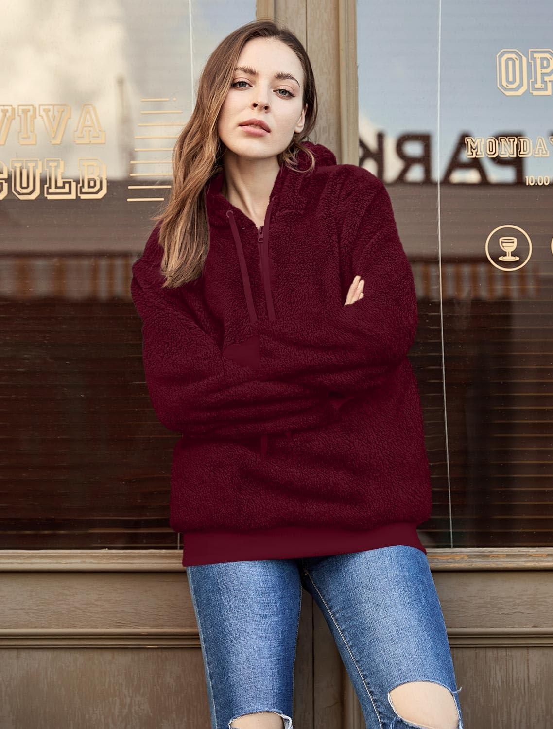 imageLONGYUAN Women Casual Hoodies Fashion Fuzzy Warm Pullover Sherpa Outerwear with PocketsBurgundy2