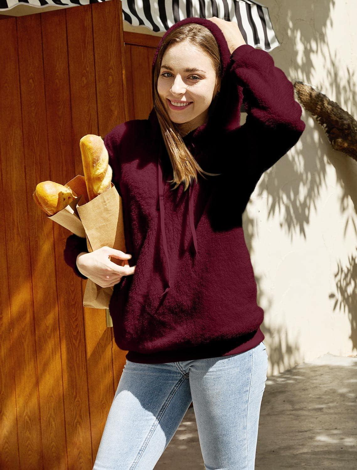imageLONGYUAN Women Casual Hoodies Fashion Fuzzy Warm Pullover Sherpa Outerwear with PocketsBurgundy2