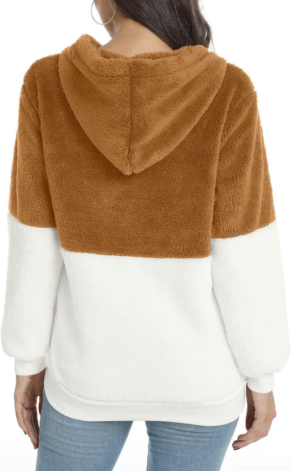 imageLONGYUAN Women Casual Hoodies Fashion Fuzzy Warm Pullover Sherpa Outerwear with PocketsCaramel White
