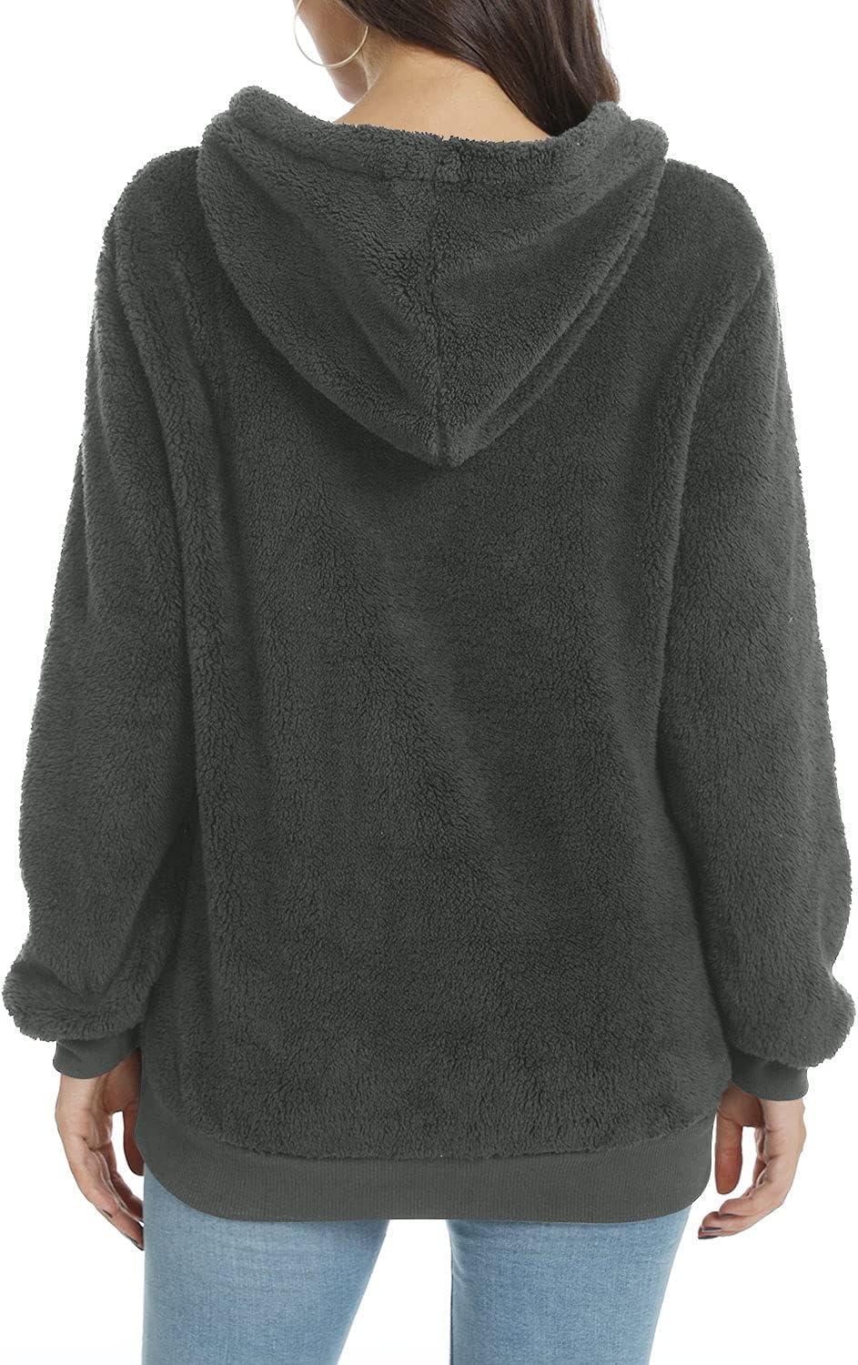 imageLONGYUAN Women Casual Hoodies Fashion Fuzzy Warm Pullover Sherpa Outerwear with PocketsDeep Grey