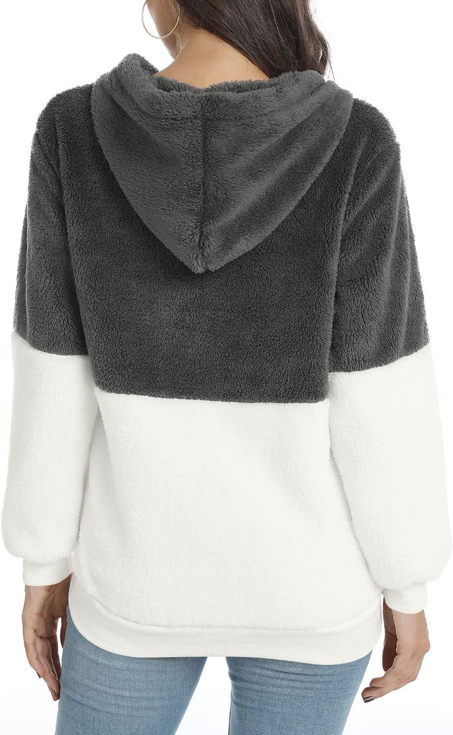 imageLONGYUAN Women Casual Hoodies Fashion Fuzzy Warm Pullover Sherpa Outerwear with PocketsDeep Grey White