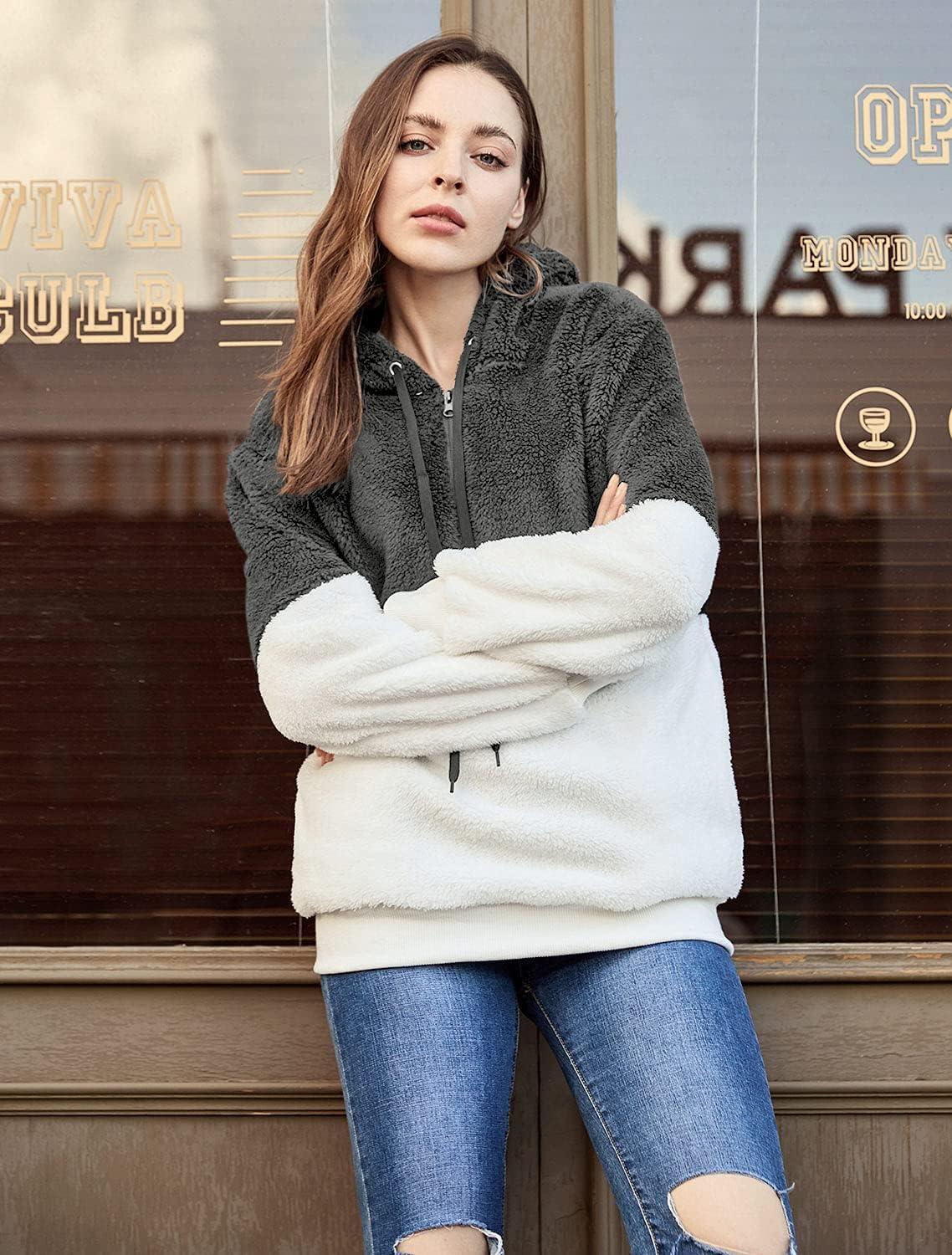 imageLONGYUAN Women Casual Hoodies Fashion Fuzzy Warm Pullover Sherpa Outerwear with PocketsDeep Grey White