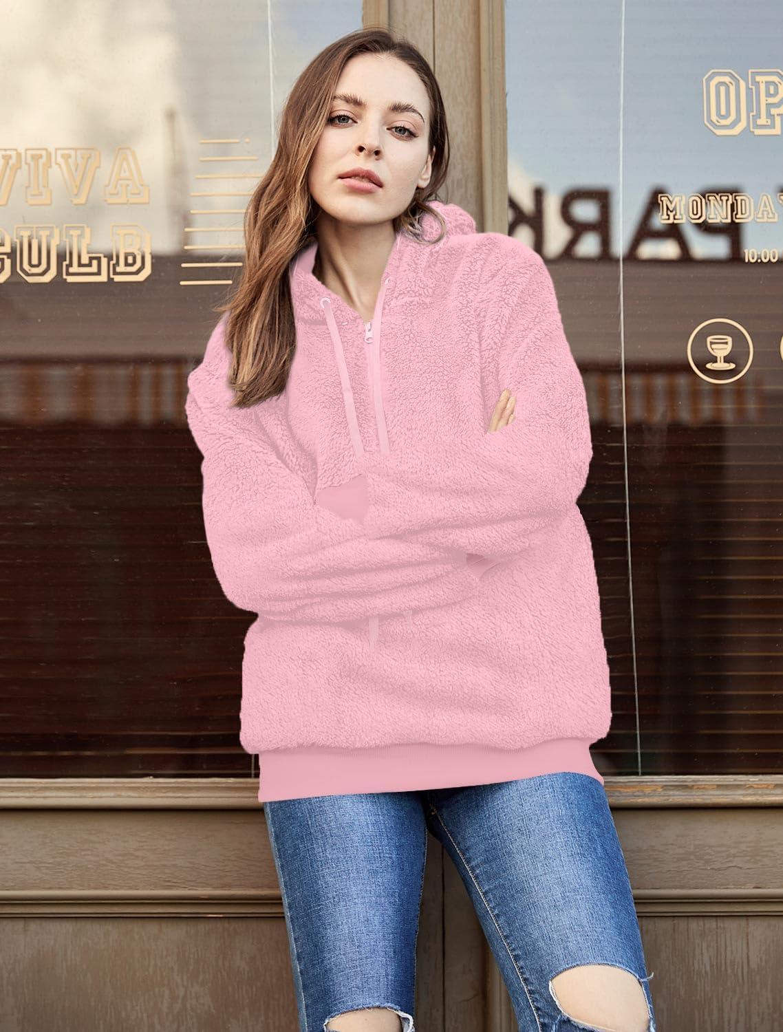 imageLONGYUAN Women Casual Hoodies Fashion Fuzzy Warm Pullover Sherpa Outerwear with PocketsDeep Pink