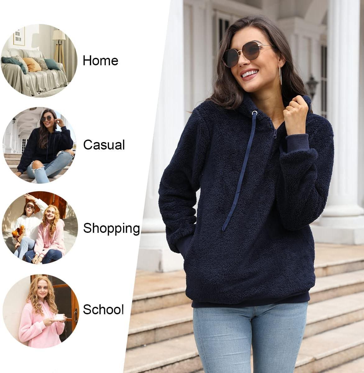 imageLONGYUAN Women Casual Hoodies Fashion Fuzzy Warm Pullover Sherpa Outerwear with PocketsDeep Pink