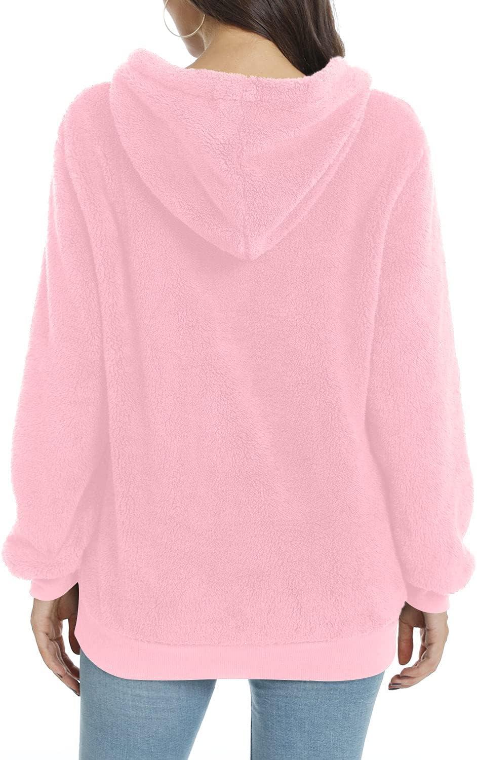 imageLONGYUAN Women Casual Hoodies Fashion Fuzzy Warm Pullover Sherpa Outerwear with PocketsDeep Pink