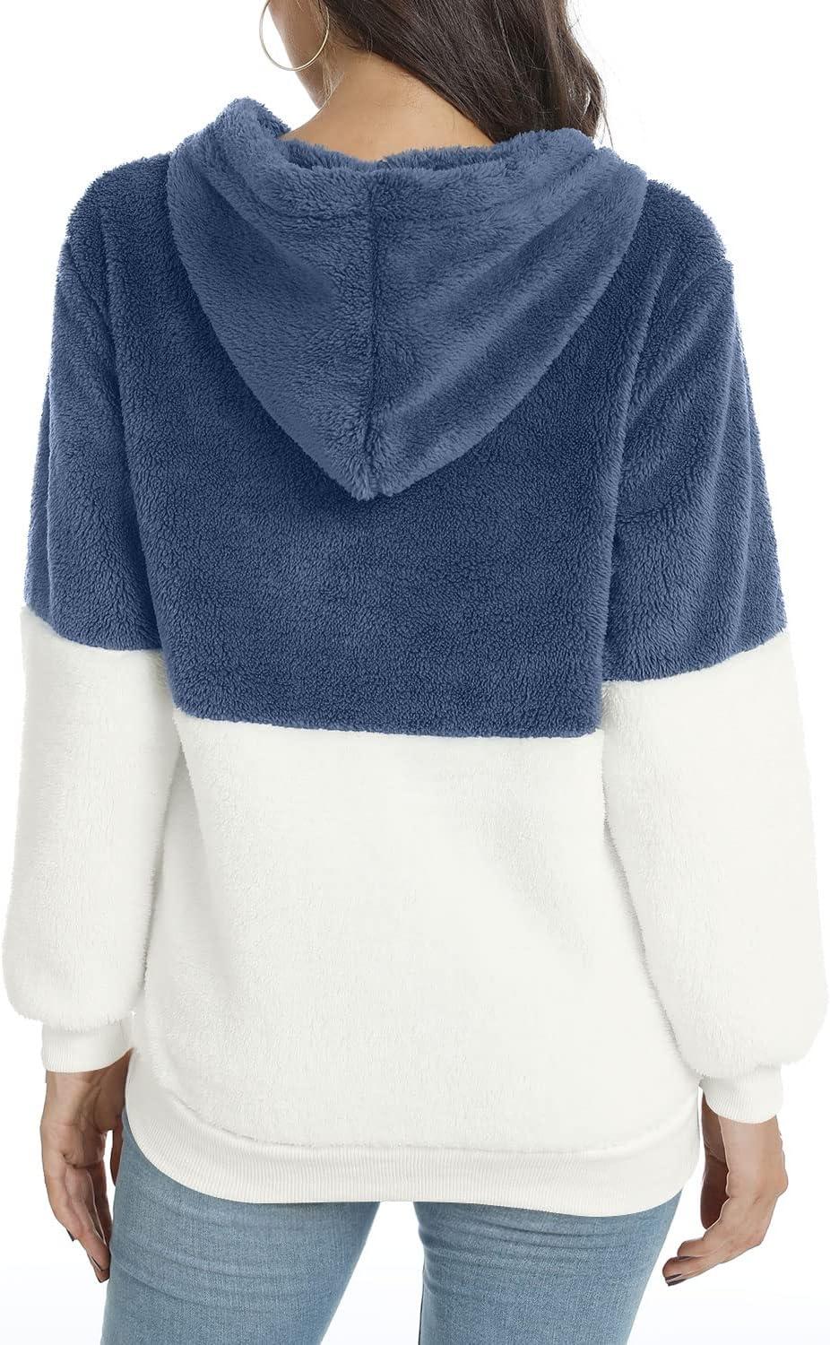 imageLONGYUAN Women Casual Hoodies Fashion Fuzzy Warm Pullover Sherpa Outerwear with PocketsLight Blue White