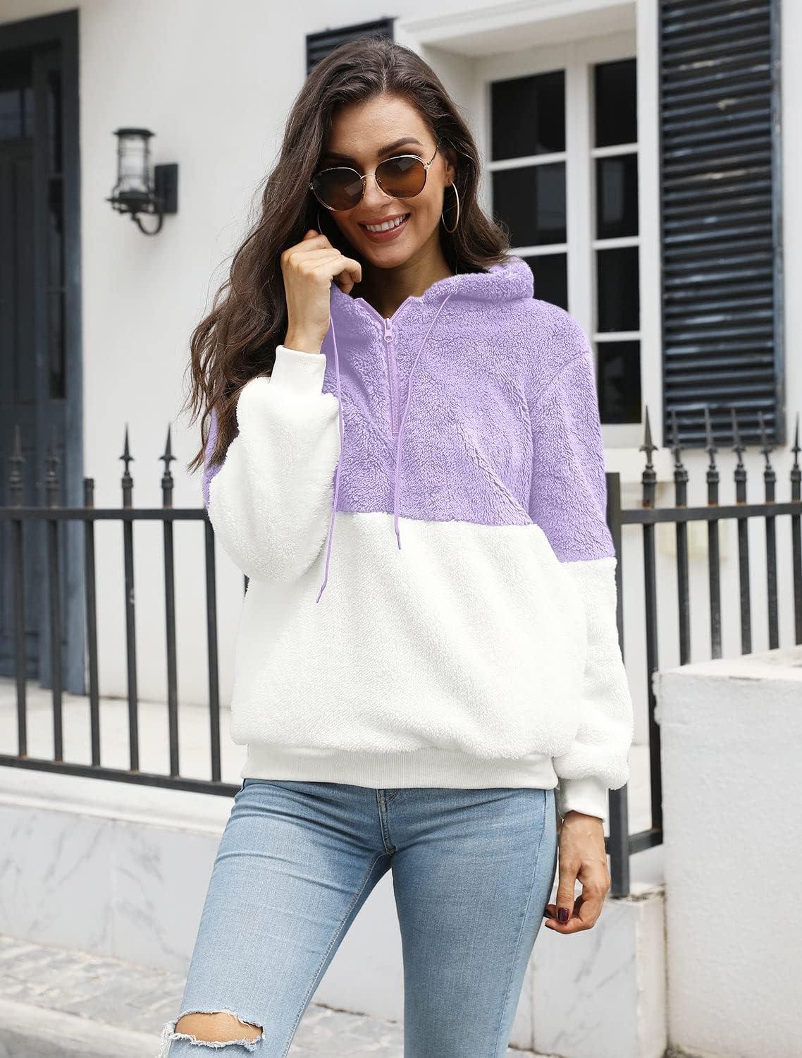 imageLONGYUAN Women Casual Hoodies Fashion Fuzzy Warm Pullover Sherpa Outerwear with PocketsLight Purple White