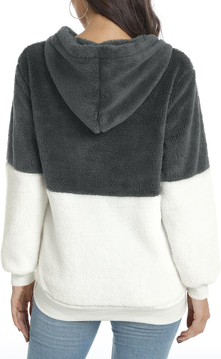 imageLONGYUAN Women Casual Hoodies Fashion Fuzzy Warm Pullover Sherpa Outerwear with PocketsMedium Gray White