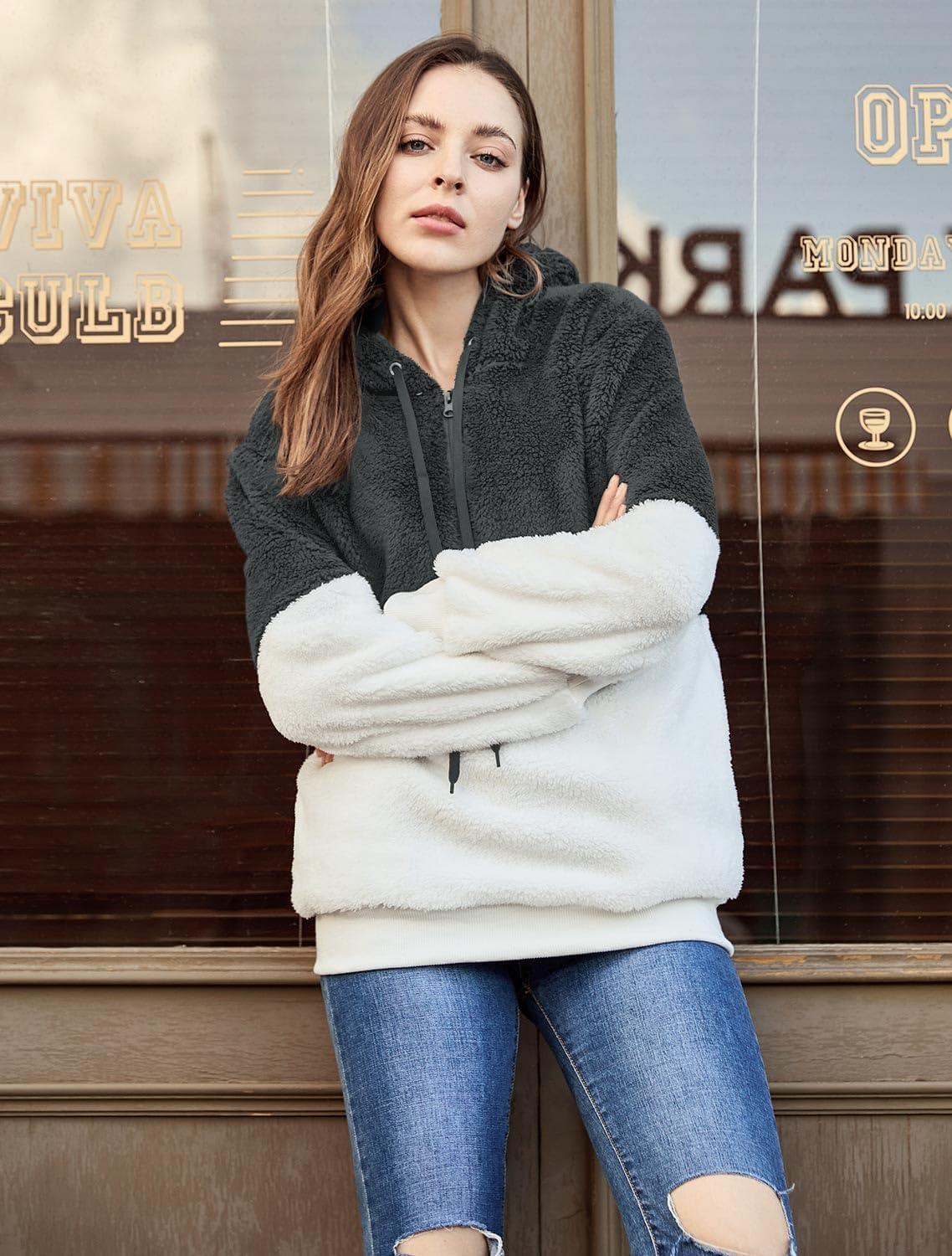 imageLONGYUAN Women Casual Hoodies Fashion Fuzzy Warm Pullover Sherpa Outerwear with PocketsMedium Gray White