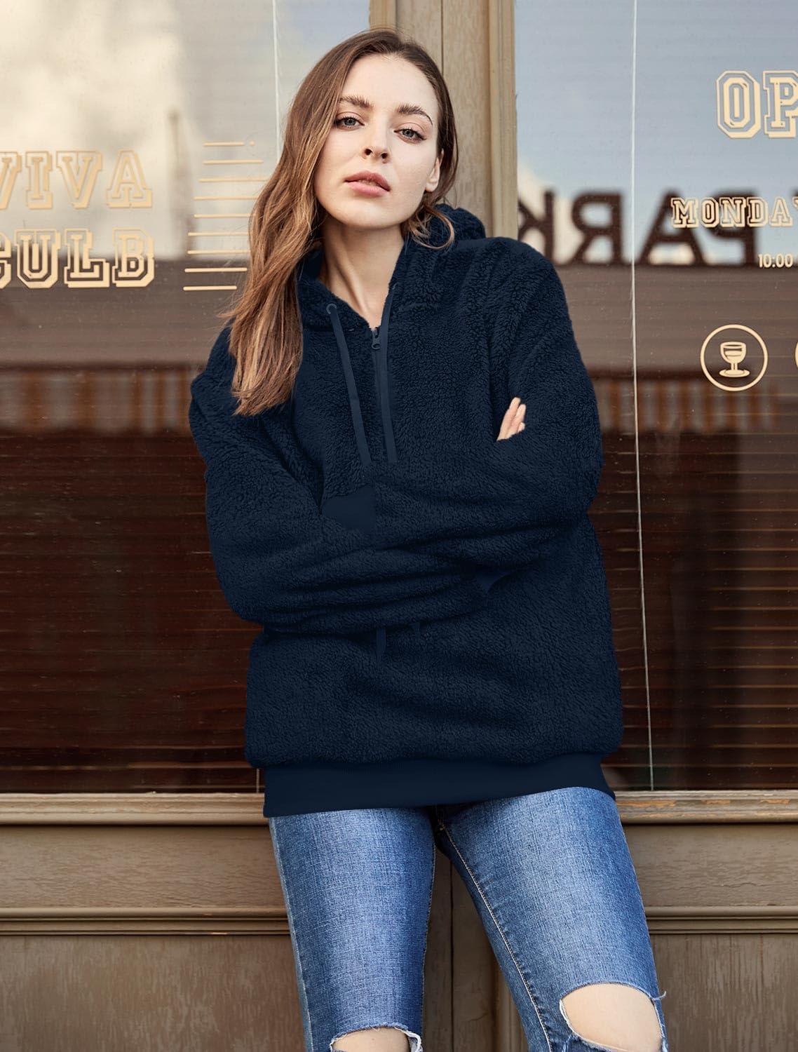 imageLONGYUAN Women Casual Hoodies Fashion Fuzzy Warm Pullover Sherpa Outerwear with PocketsNavy Blue