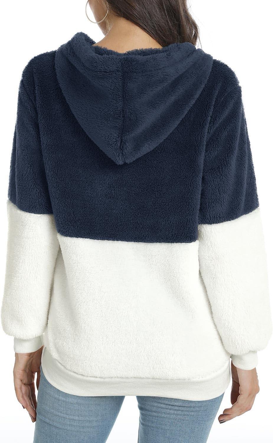 imageLONGYUAN Women Casual Hoodies Fashion Fuzzy Warm Pullover Sherpa Outerwear with PocketsNavy Blue White
