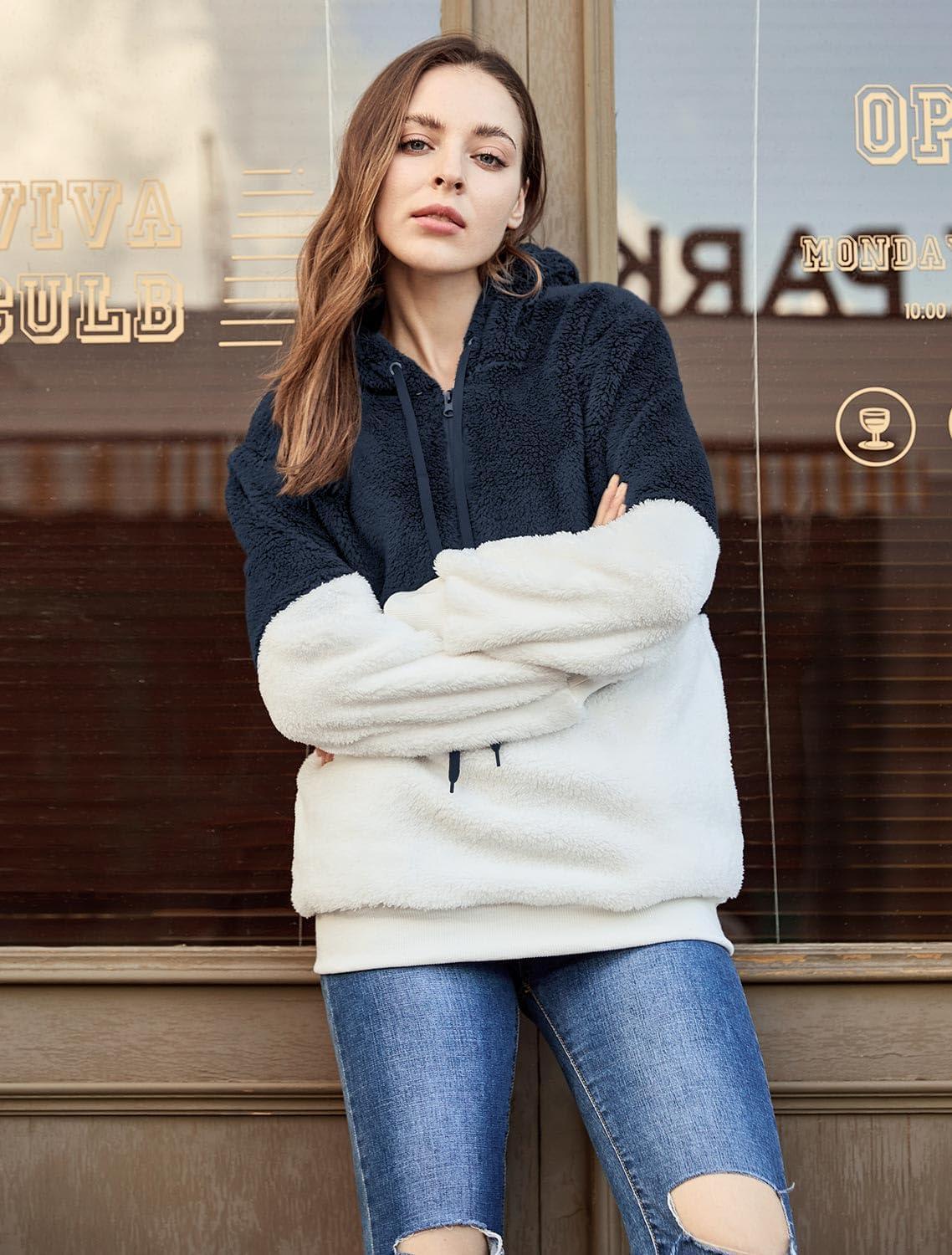 imageLONGYUAN Women Casual Hoodies Fashion Fuzzy Warm Pullover Sherpa Outerwear with PocketsNavy Blue White