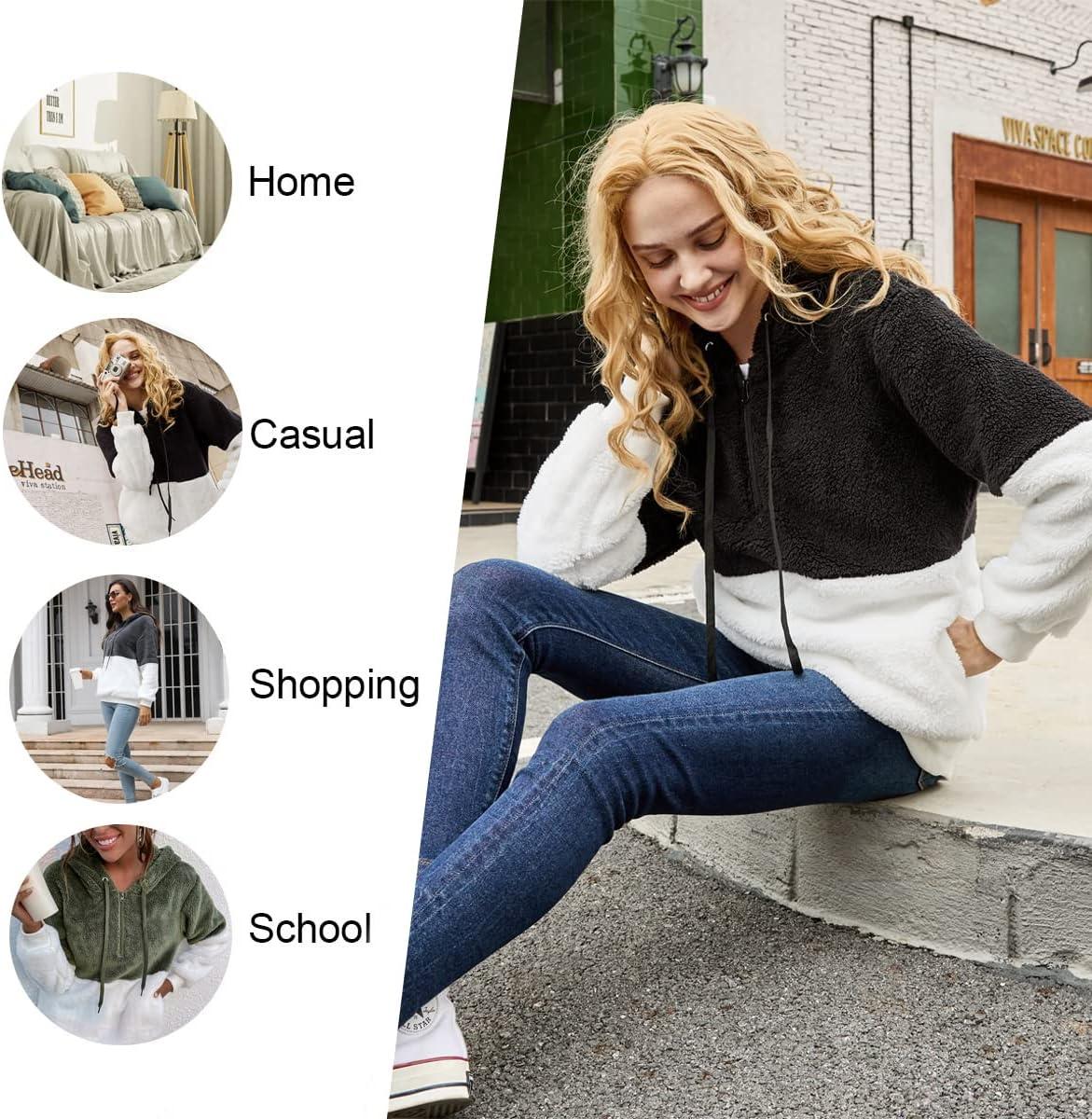 imageLONGYUAN Women Casual Hoodies Fashion Fuzzy Warm Pullover Sherpa Outerwear with PocketsNavy Blue White