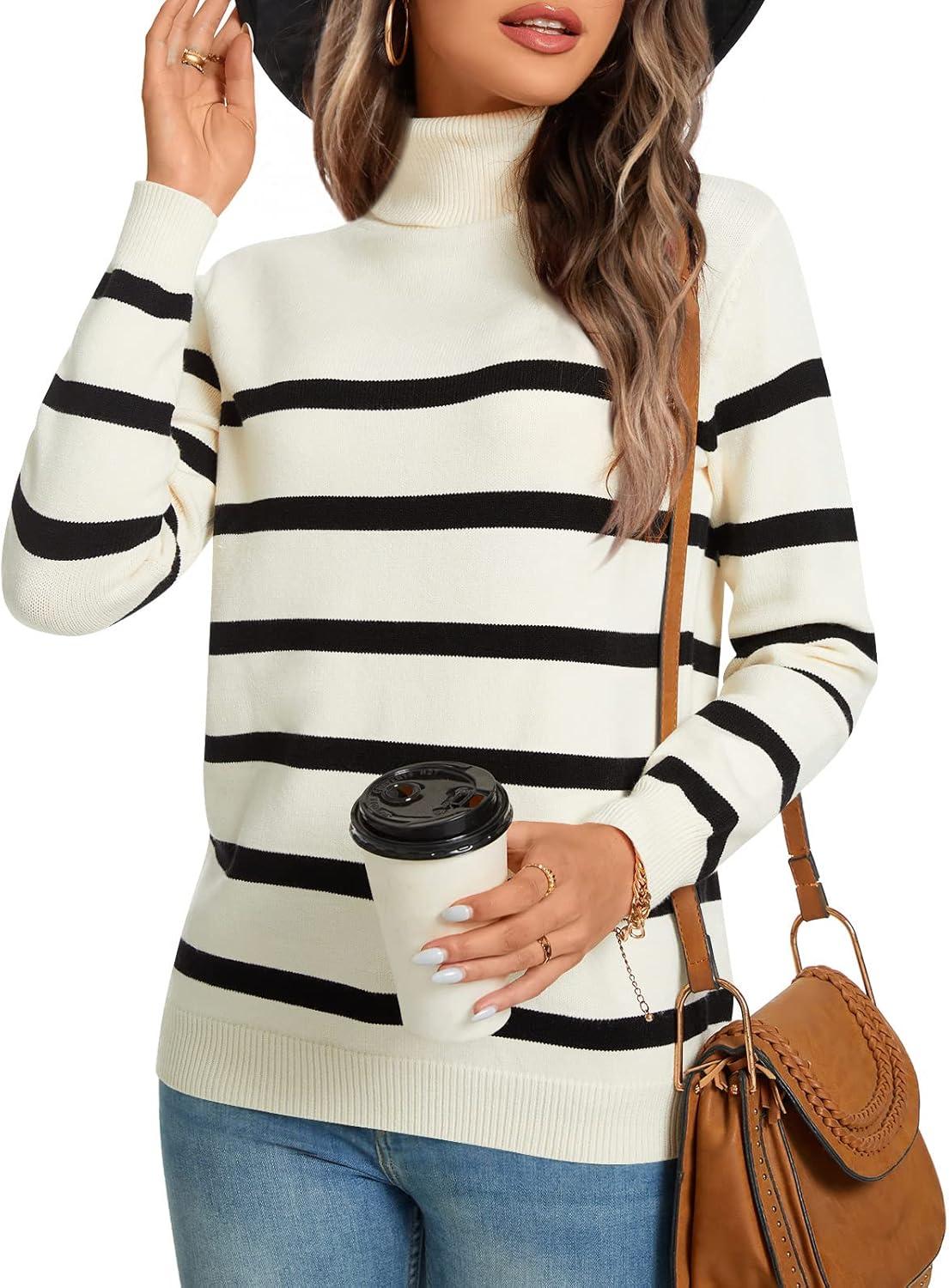 imageLONGYUAN Women Winter Turtle Necks Striped Knit Sweater Long Sleeve Pullover Casual Color Block Spring Tops 20252beigeblack