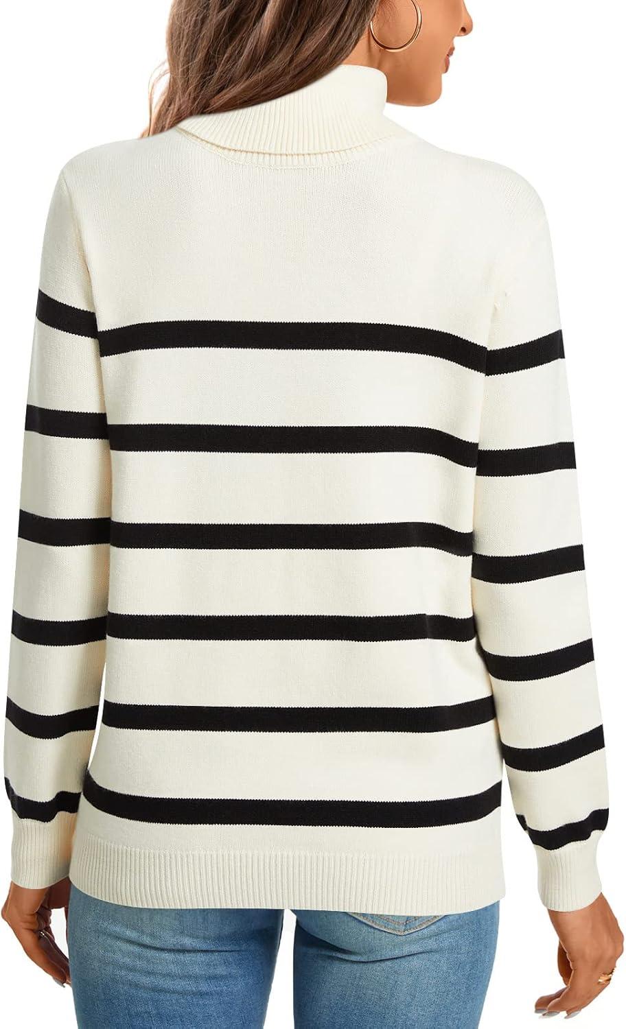 imageLONGYUAN Women Winter Turtle Necks Striped Knit Sweater Long Sleeve Pullover Casual Color Block Spring Tops 20252beigeblack