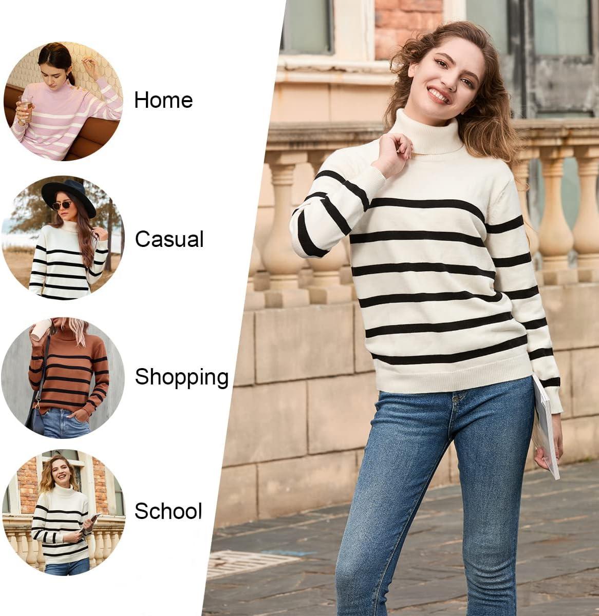 imageLONGYUAN Women Winter Turtle Necks Striped Knit Sweater Long Sleeve Pullover Casual Color Block Spring Tops 20252camelblack