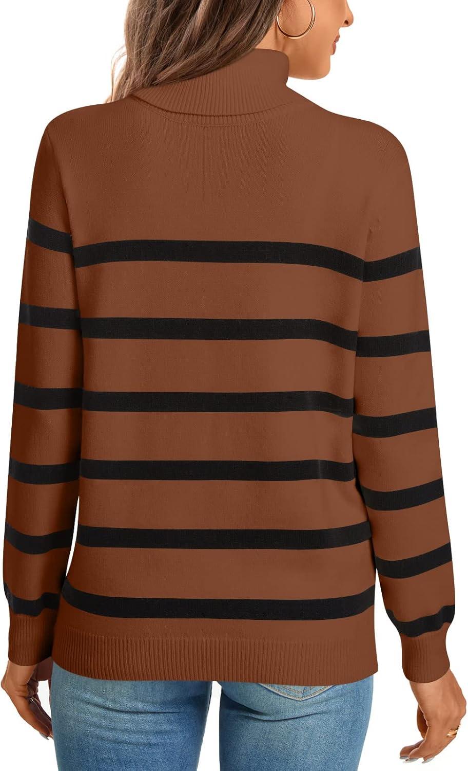 imageLONGYUAN Women Winter Turtle Necks Striped Knit Sweater Long Sleeve Pullover Casual Color Block Spring Tops 20252camelblack
