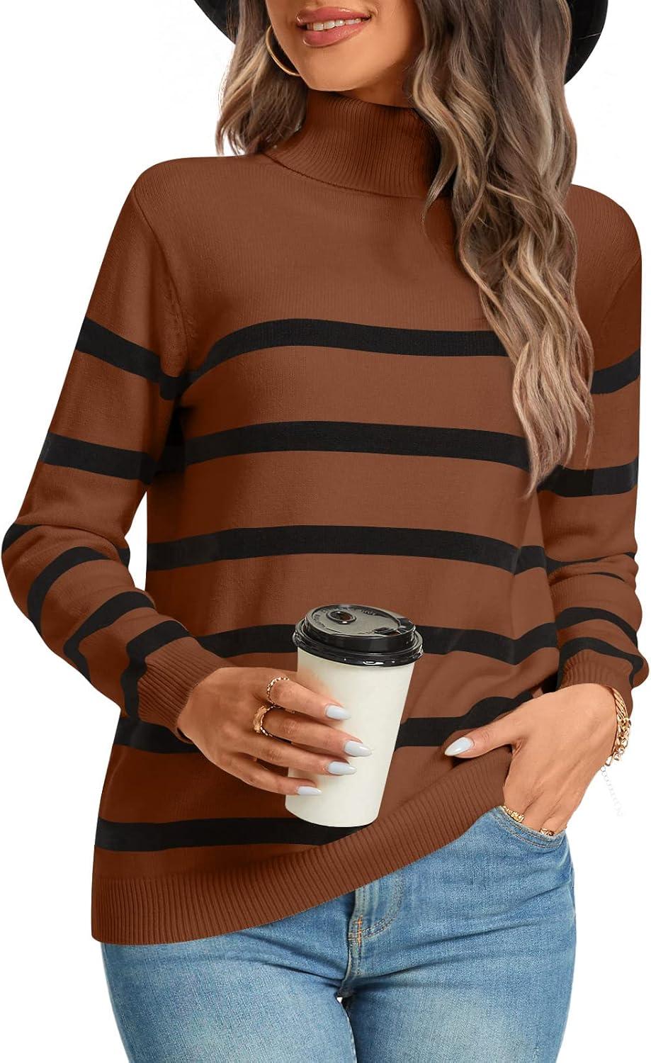 imageLONGYUAN Women Winter Turtle Necks Striped Knit Sweater Long Sleeve Pullover Casual Color Block Spring Tops 20252camelblack