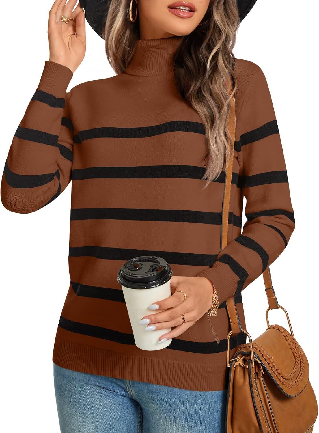 imageLONGYUAN Women Winter Turtle Necks Striped Knit Sweater Long Sleeve Pullover Casual Color Block Spring Tops 20252camelblack