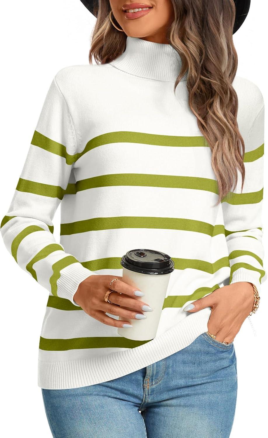 imageLONGYUAN Women Winter Turtle Necks Striped Knit Sweater Long Sleeve Pullover Casual Color Block Spring Tops 20252greenbeige