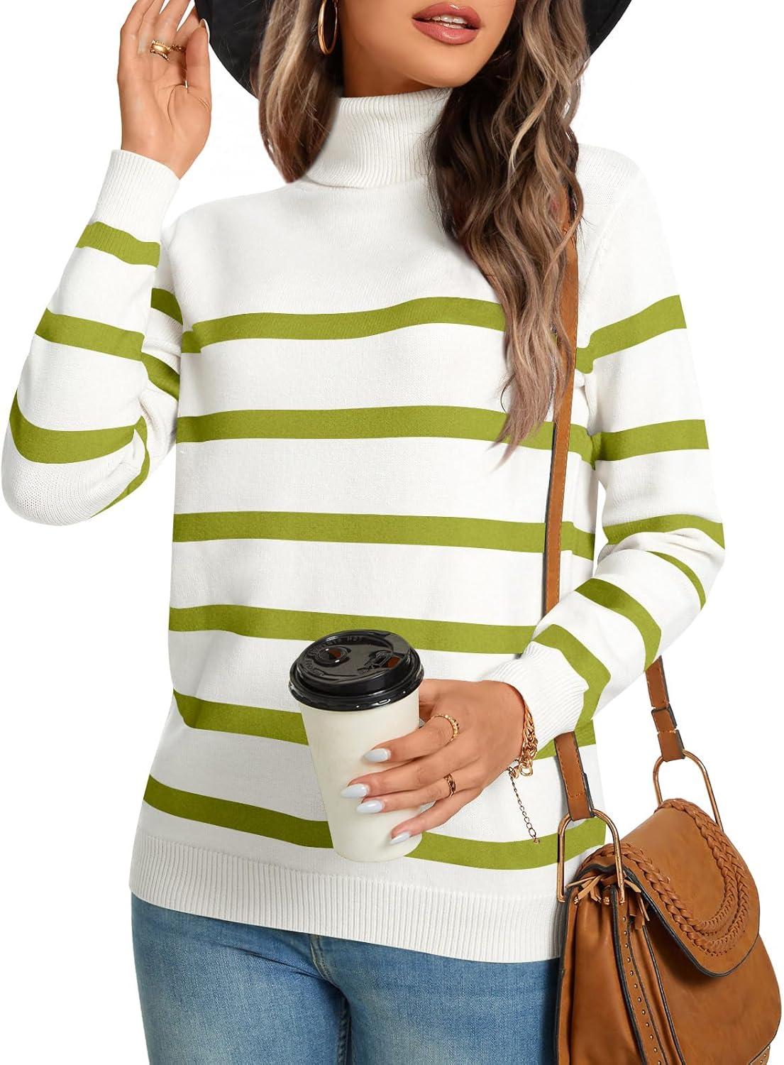 imageLONGYUAN Women Winter Turtle Necks Striped Knit Sweater Long Sleeve Pullover Casual Color Block Spring Tops 20252greenbeige