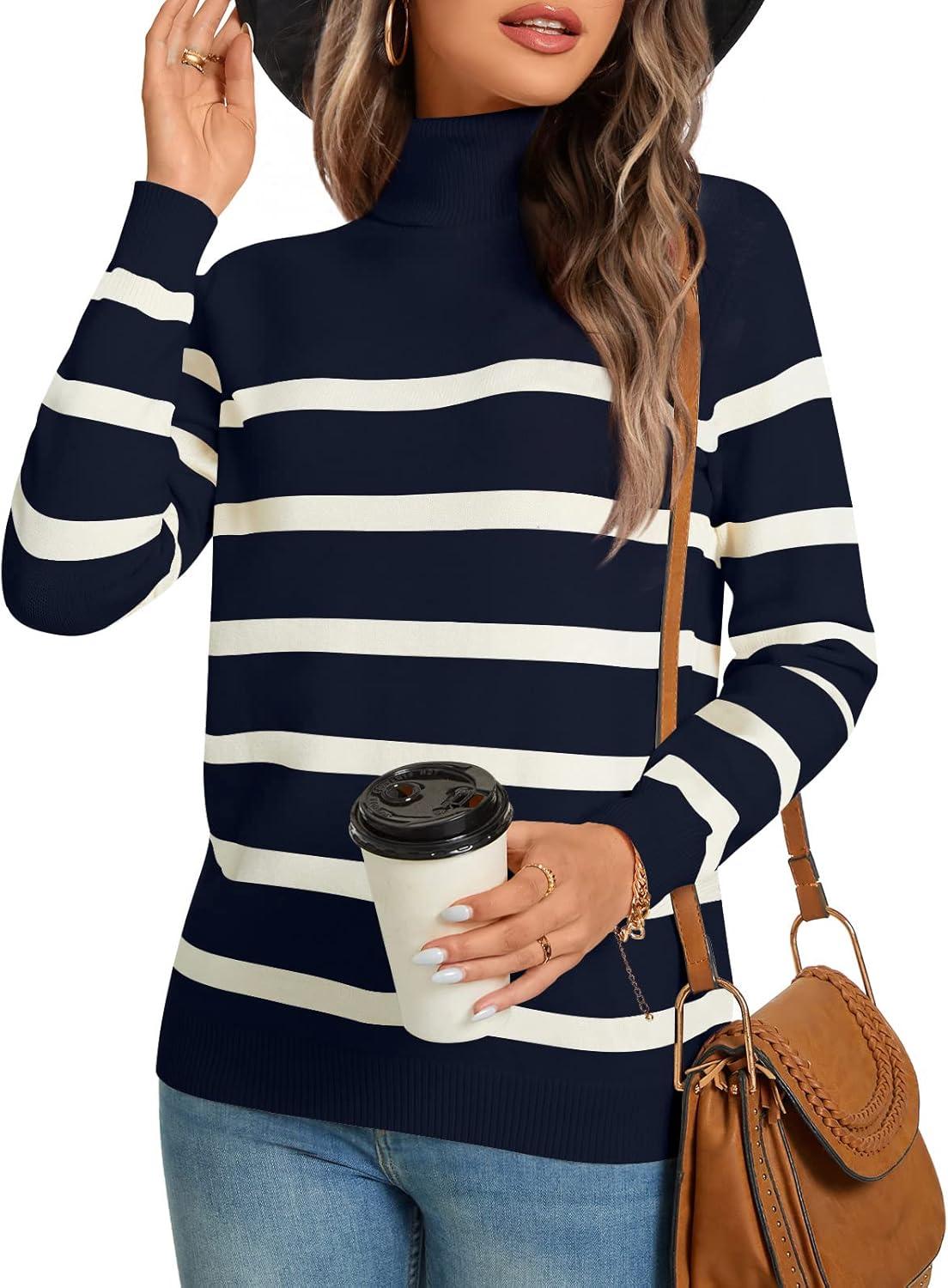 imageLONGYUAN Women Winter Turtle Necks Striped Knit Sweater Long Sleeve Pullover Casual Color Block Spring Tops 20252navy Bluebeige