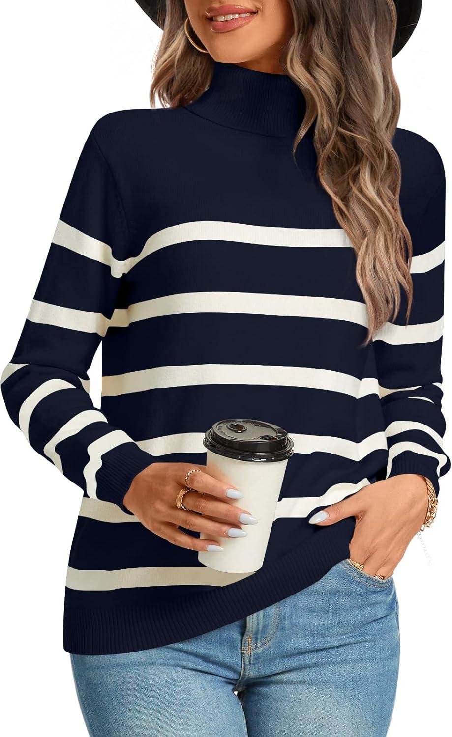 imageLONGYUAN Women Winter Turtle Necks Striped Knit Sweater Long Sleeve Pullover Casual Color Block Spring Tops 20252navy Bluebeige