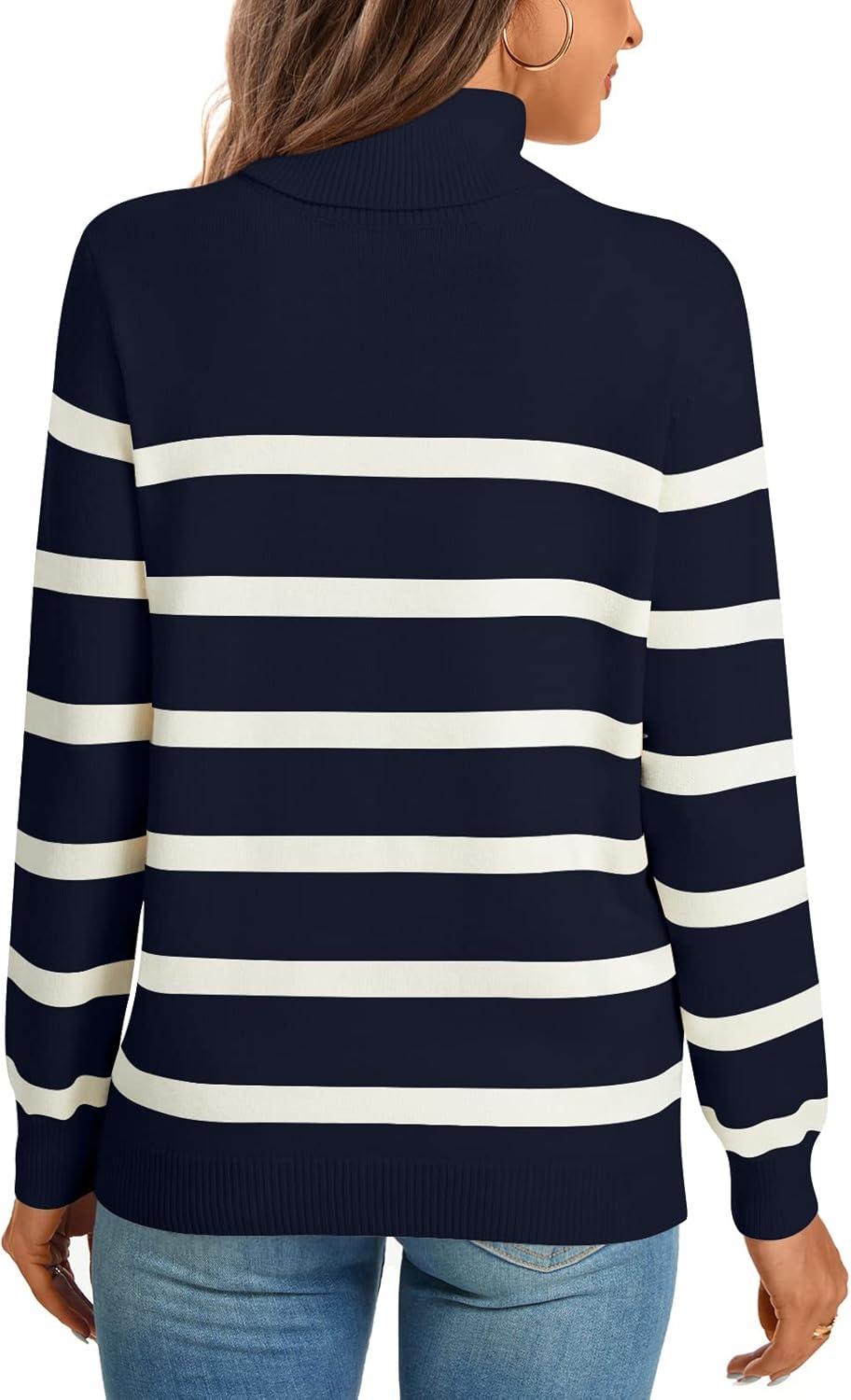 imageLONGYUAN Women Winter Turtle Necks Striped Knit Sweater Long Sleeve Pullover Casual Color Block Spring Tops 20252navy Bluebeige