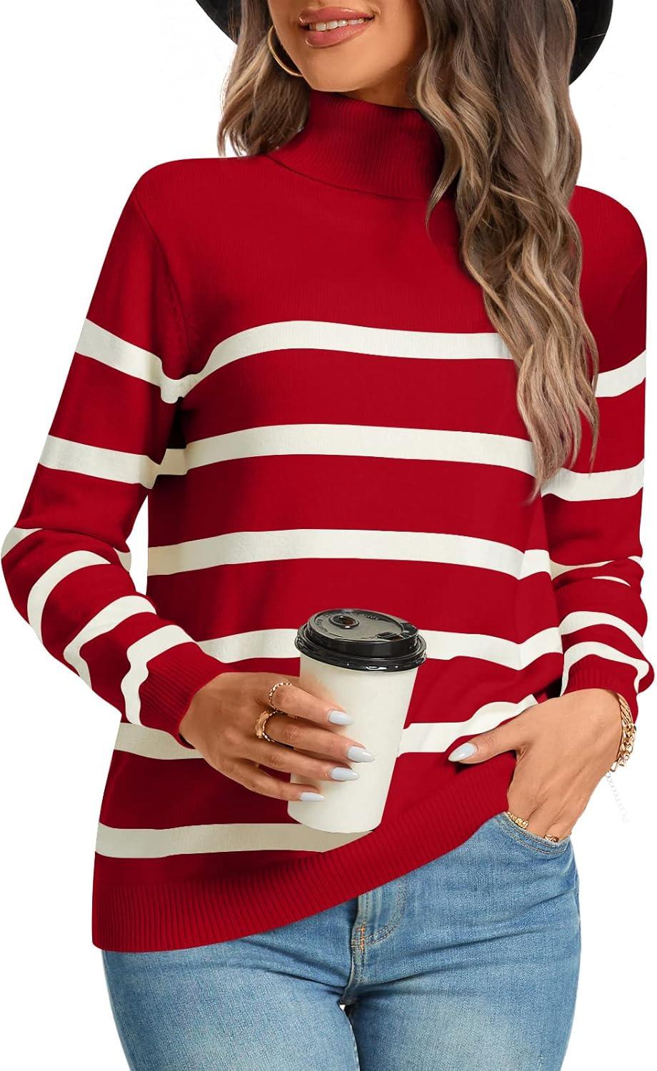 imageLONGYUAN Women Winter Turtle Necks Striped Knit Sweater Long Sleeve Pullover Casual Color Block Spring Tops 20252redbeige