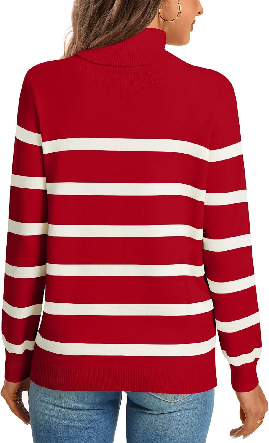 imageLONGYUAN Women Winter Turtle Necks Striped Knit Sweater Long Sleeve Pullover Casual Color Block Spring Tops 20252redbeige