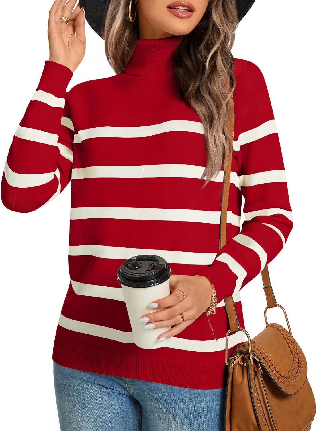 imageLONGYUAN Women Winter Turtle Necks Striped Knit Sweater Long Sleeve Pullover Casual Color Block Spring Tops 20252redbeige