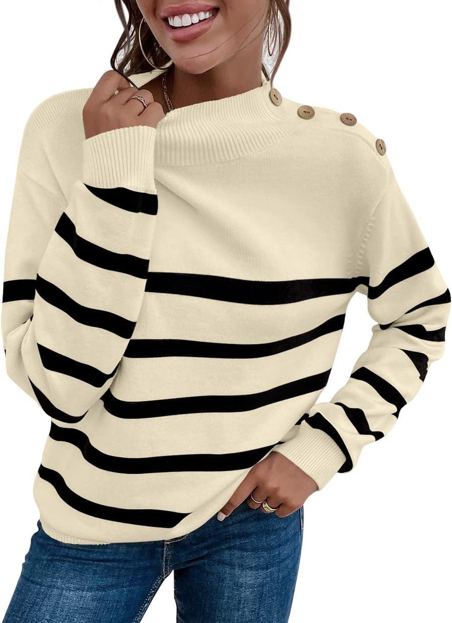 imageLONGYUAN Women Winter Turtle Necks Striped Knit Sweater Long Sleeve Pullover Casual Color Block Spring Tops 2025Bapricot