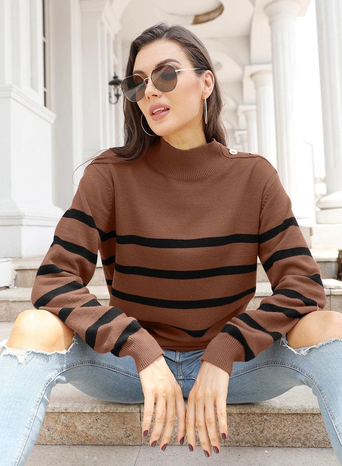 imageLONGYUAN Women Winter Turtle Necks Striped Knit Sweater Long Sleeve Pullover Casual Color Block Spring Tops 2025Bcamel