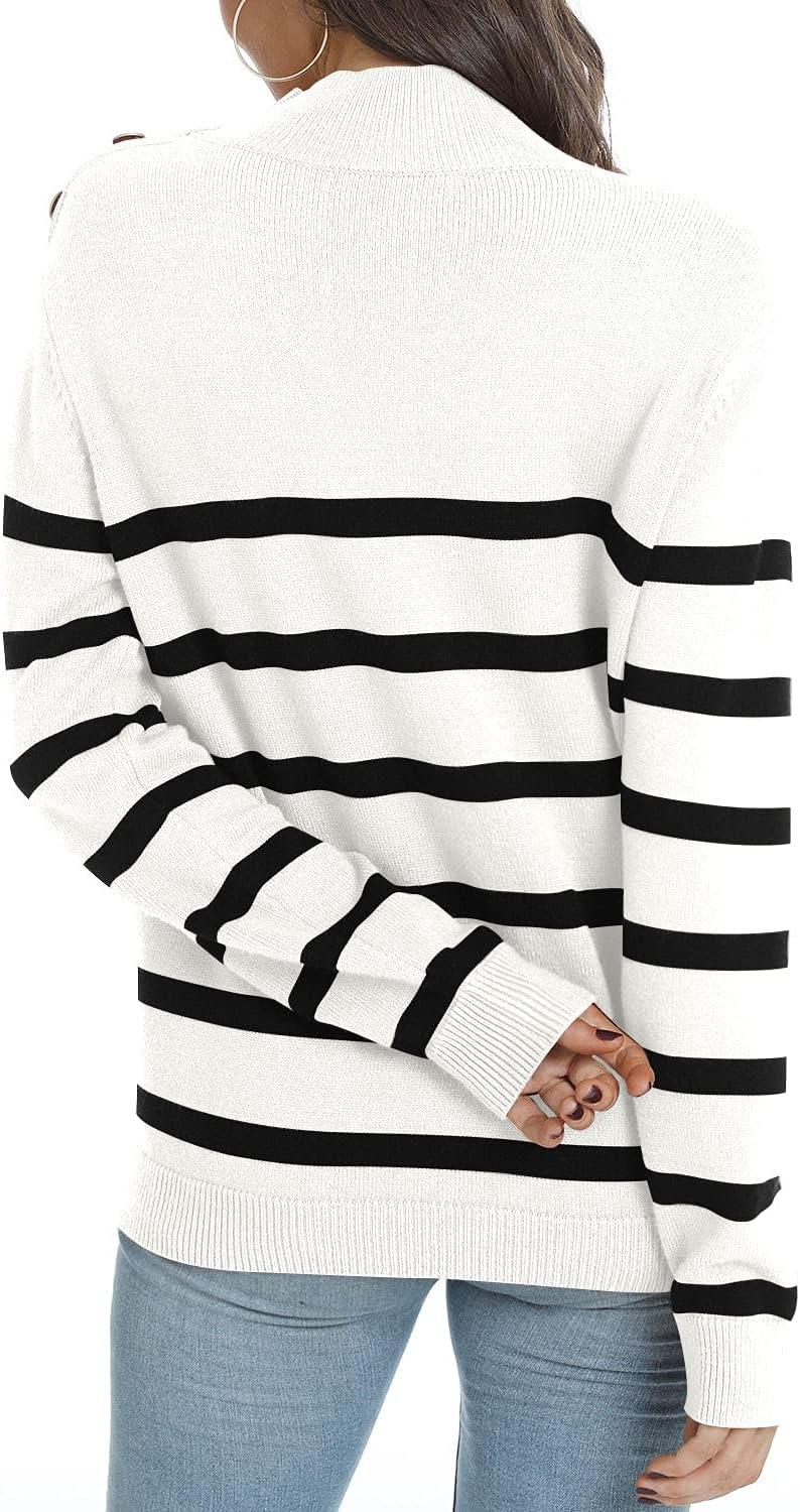 imageLONGYUAN Women Winter Turtle Necks Striped Knit Sweater Long Sleeve Pullover Casual Color Block Spring Tops 2025Bwhite