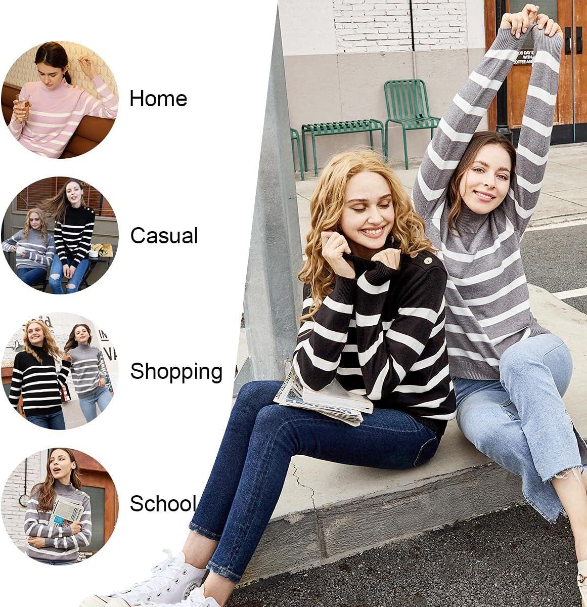 imageLONGYUAN Women Winter Turtle Necks Striped Knit Sweater Long Sleeve Pullover Casual Color Block Spring Tops 2025Bwhite