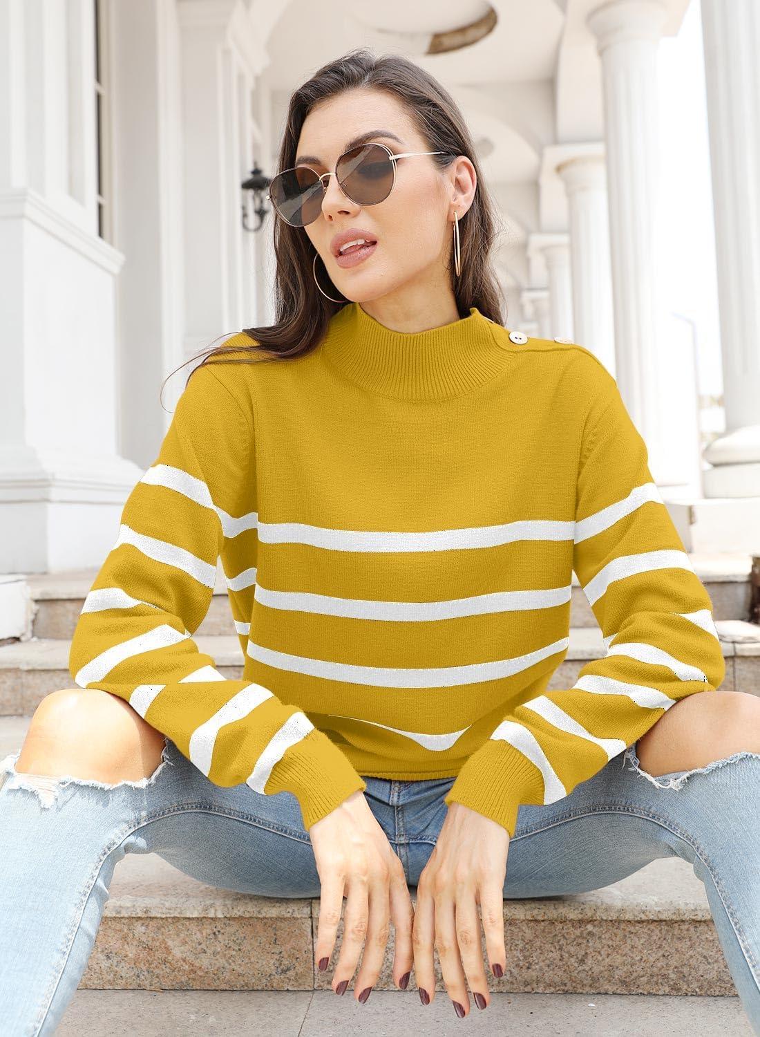 imageLONGYUAN Women Winter Turtle Necks Striped Knit Sweater Long Sleeve Pullover Casual Color Block Spring Tops 2025Mustard