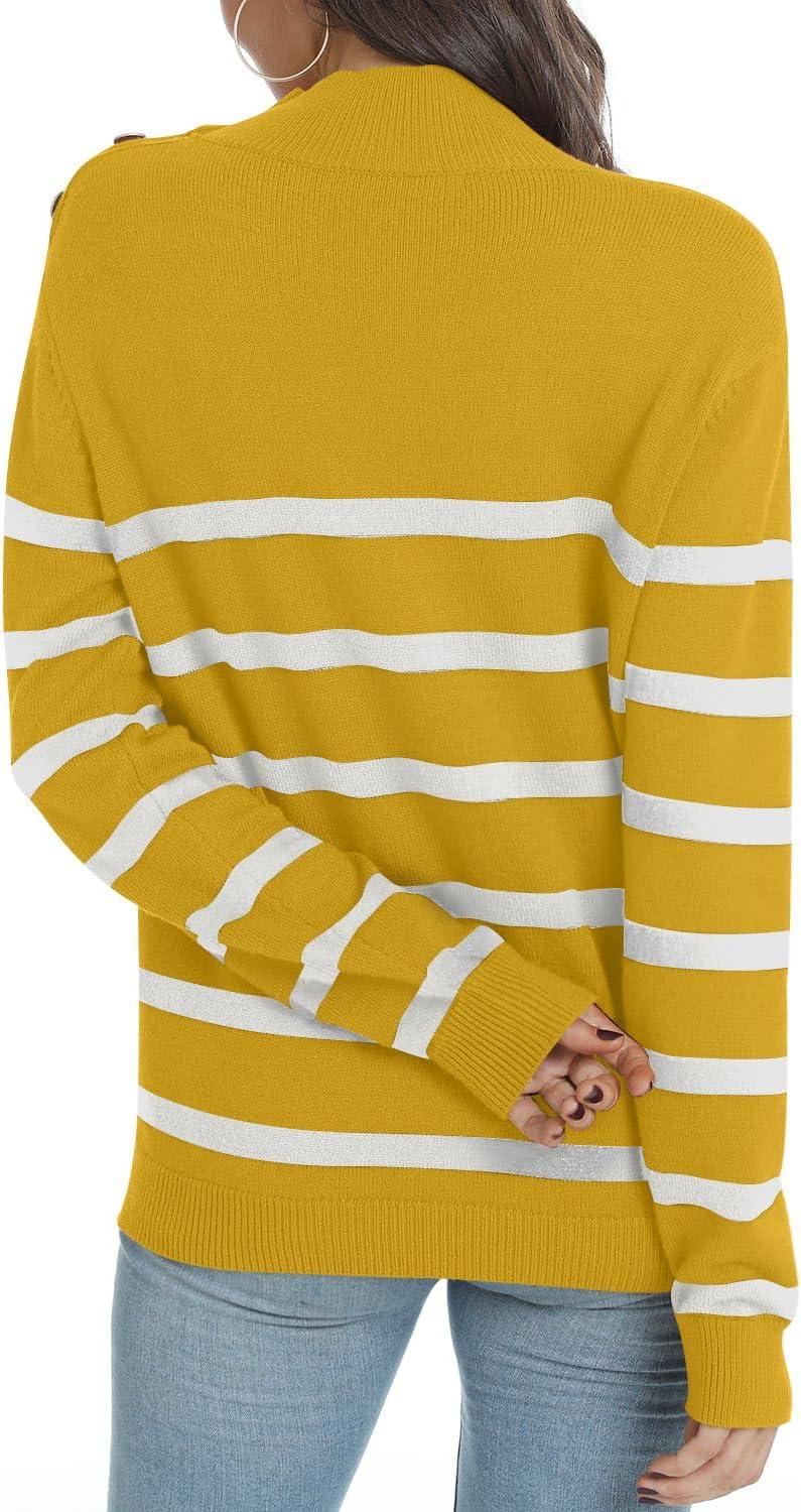 imageLONGYUAN Women Winter Turtle Necks Striped Knit Sweater Long Sleeve Pullover Casual Color Block Spring Tops 2025Mustard